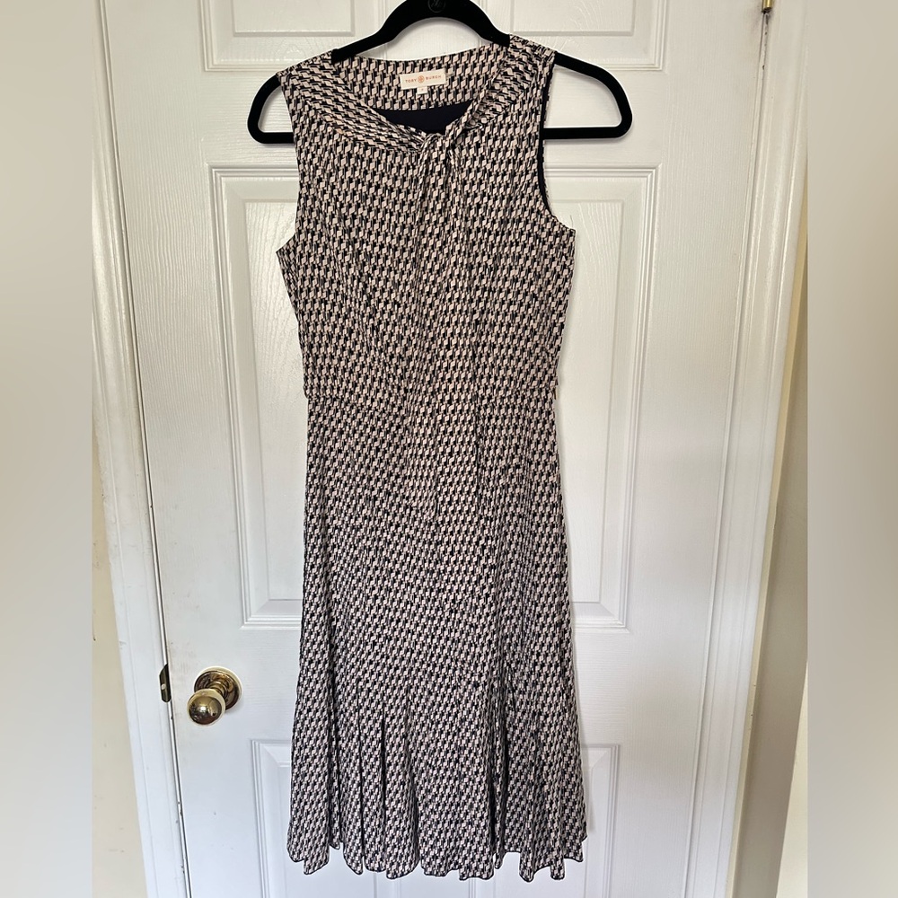 Tory Burch Elma Dress Abstract Houndstooth Print Bow Tie